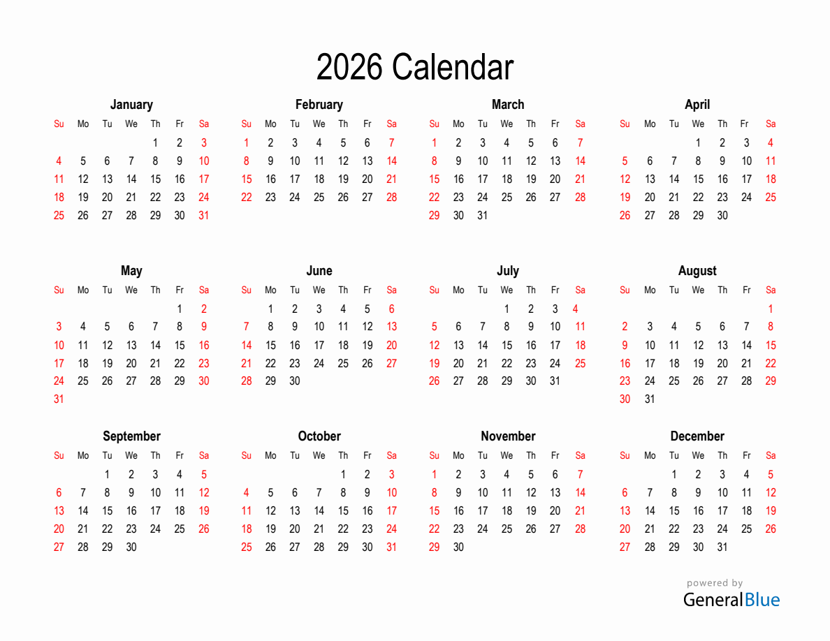 Printable Yearly Calendar For 2026 with Red Weekend 