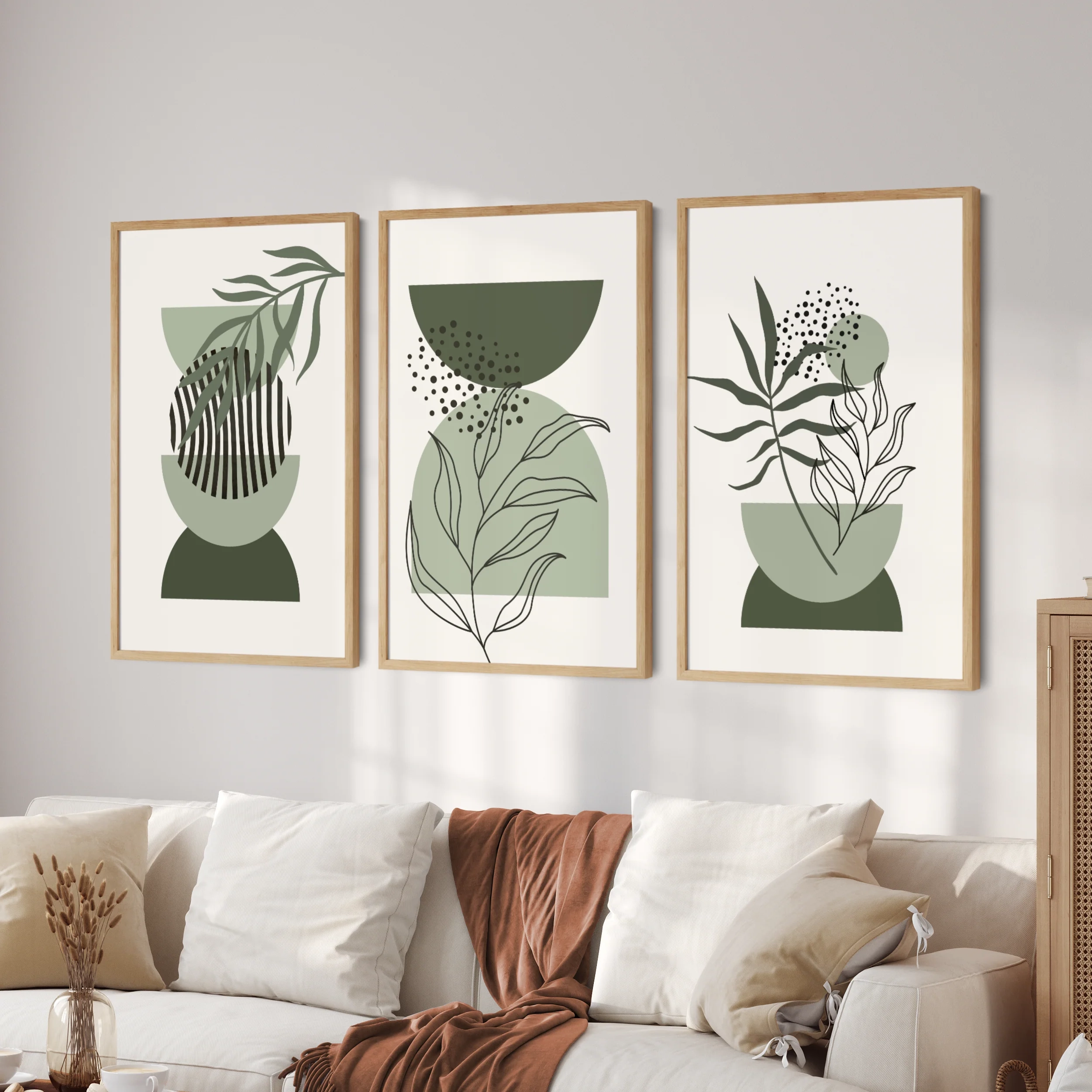 Printed Sage Green Boho Wall Art Set Of 3 JJ Design House