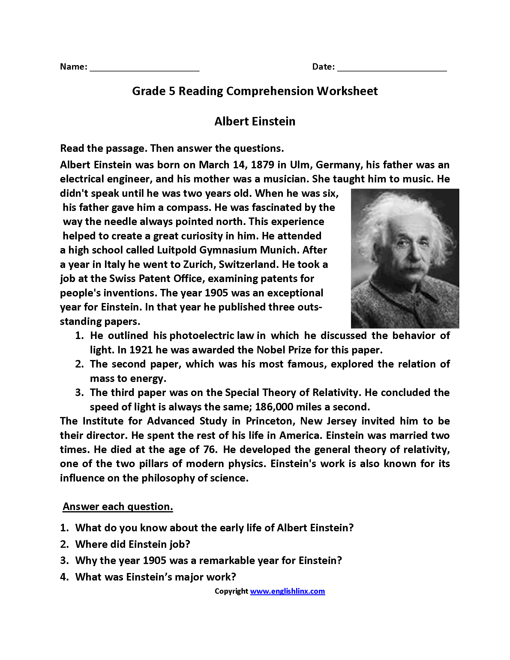 Printable Reading Worksheets 5th Grade