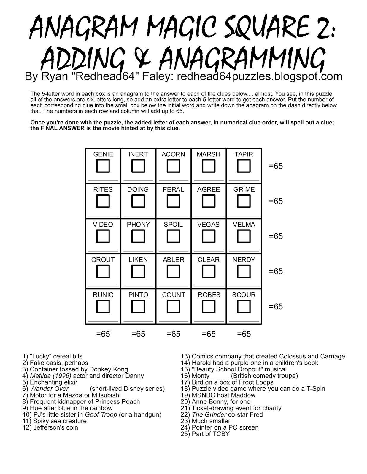 Redhead64 s Obscure Puzzle Blog PUZZLE 93 Anagram Magic Square 