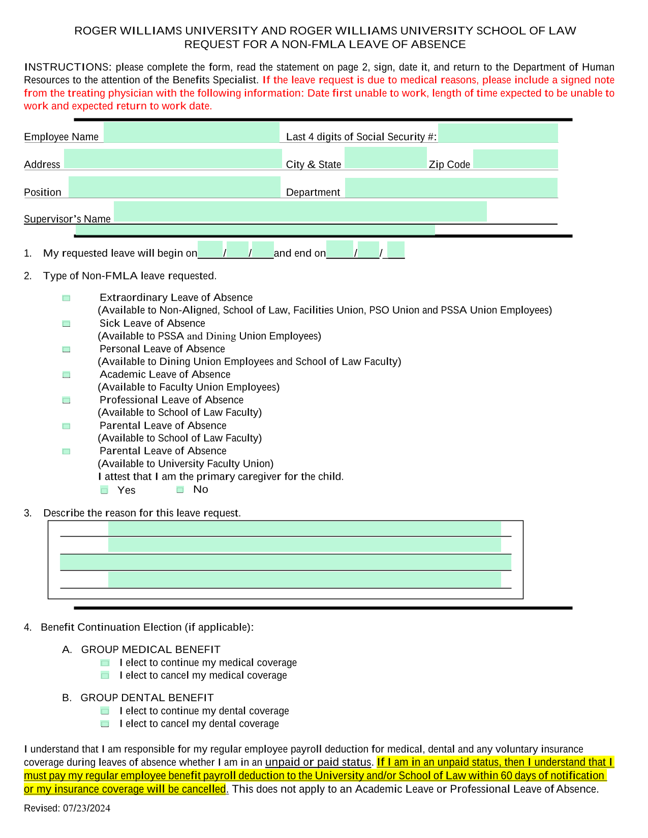 Request For A Non FMLA Leave Of Absence