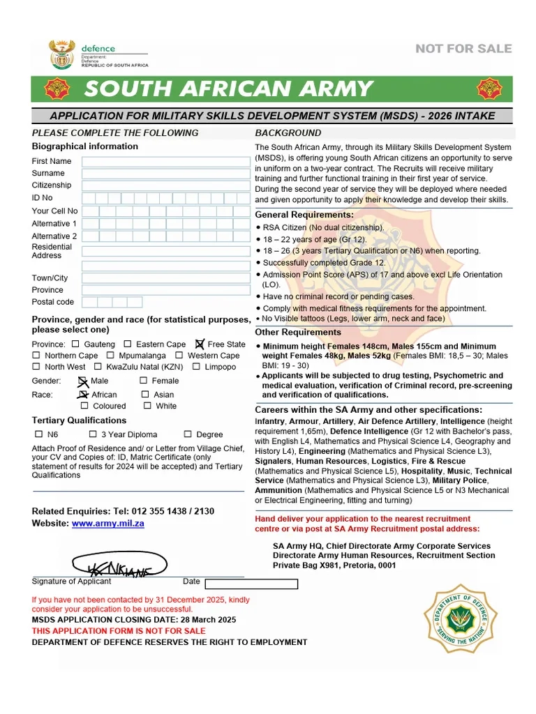SA Army MSDS Application 2026 5 1 3 PDF