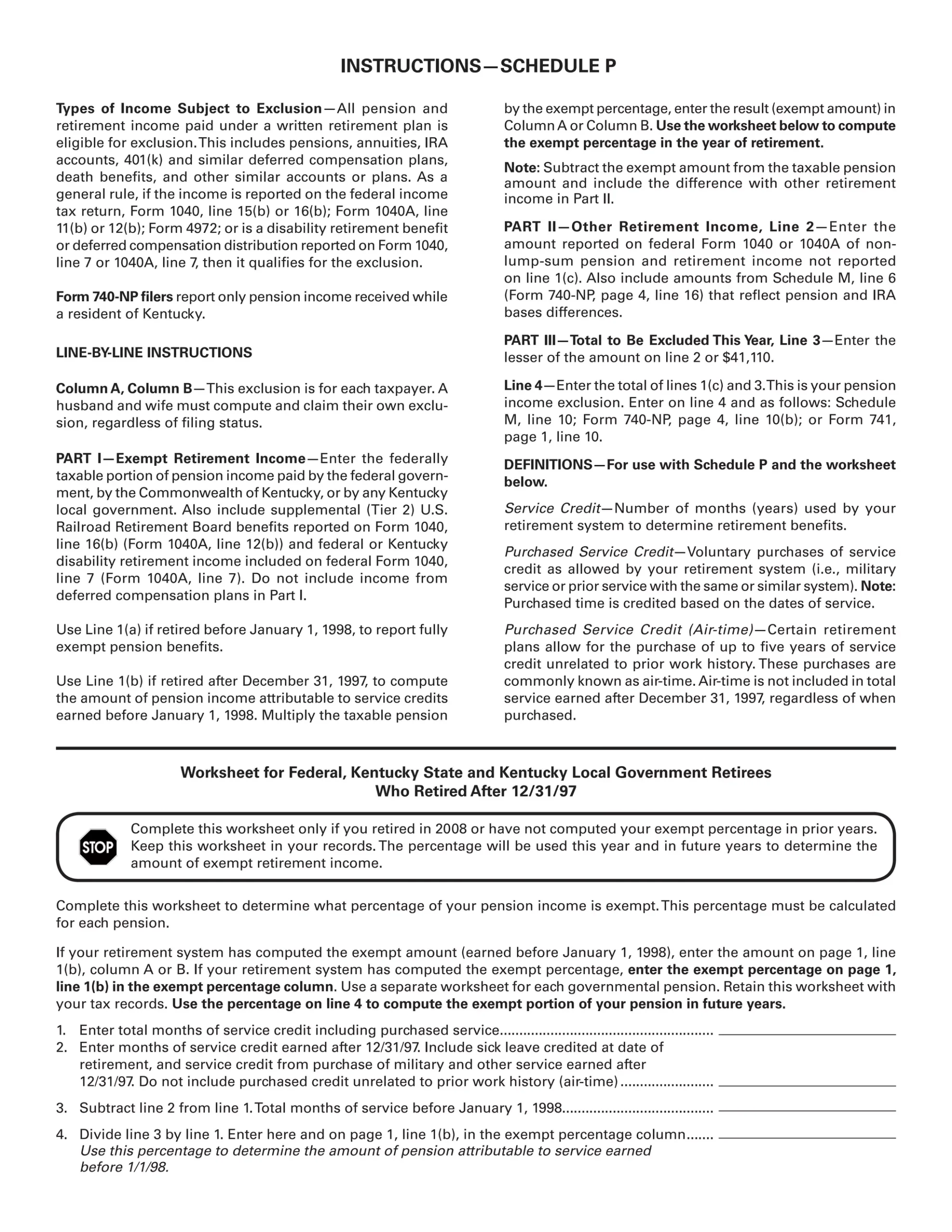 Schedule P 740 Kentucky Pension Income Exclusion Form 42A740 