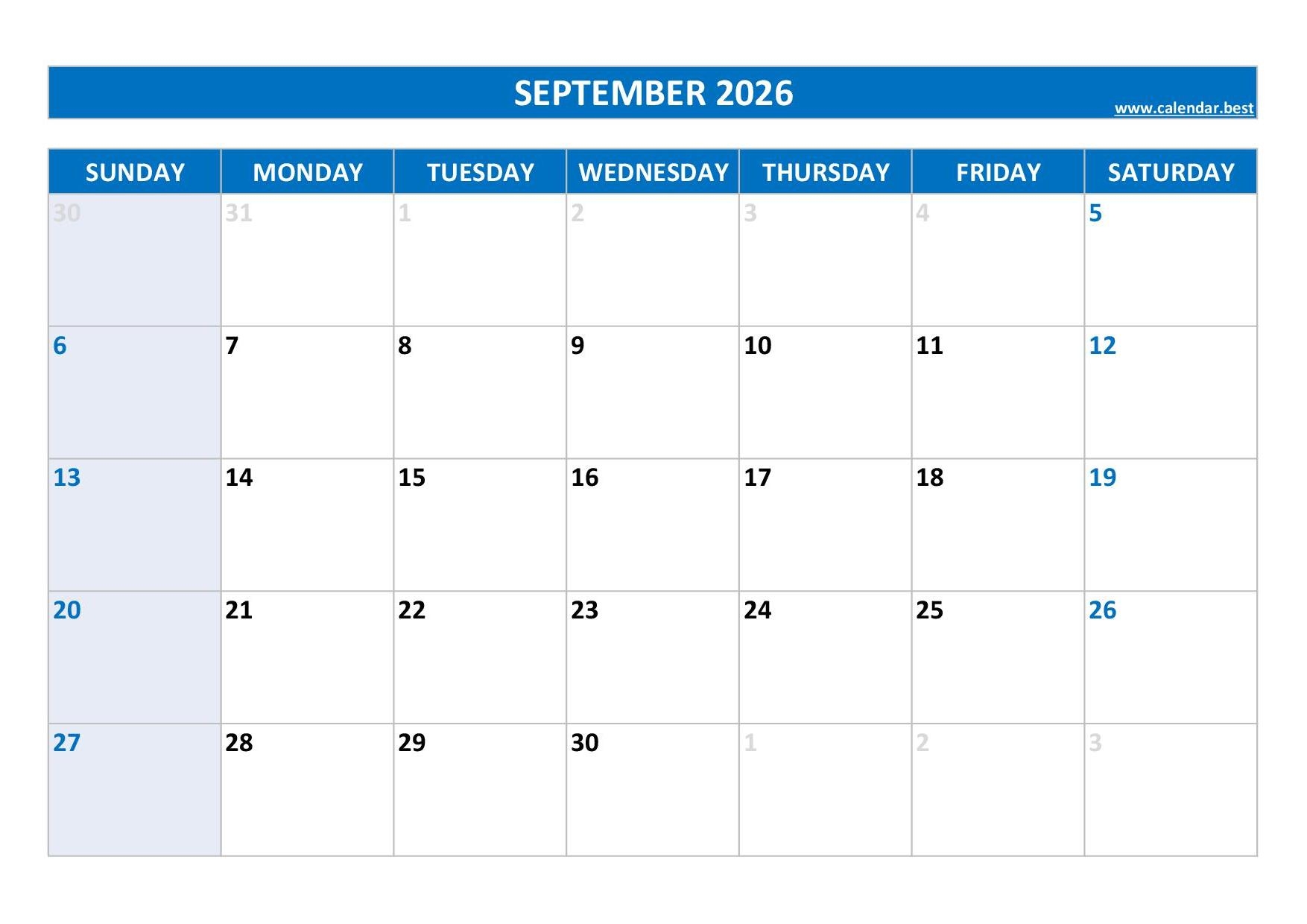 Printable Blank September Calendar 2026