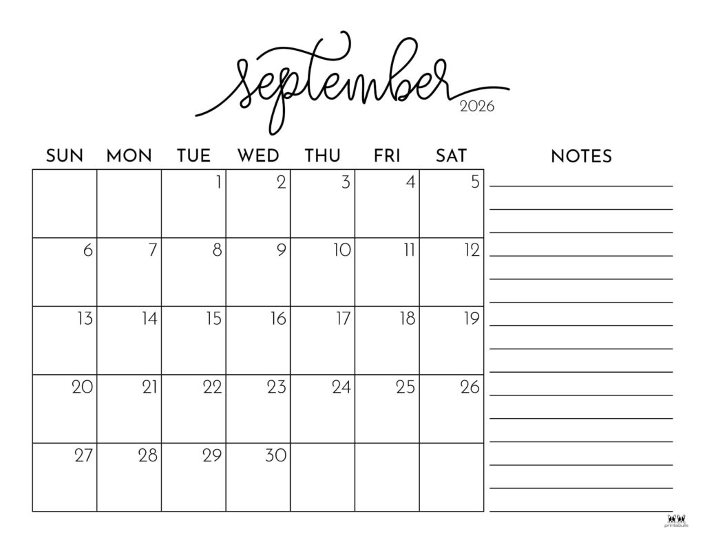 September 2026 Calendars 123 FREE Printables Printabulls