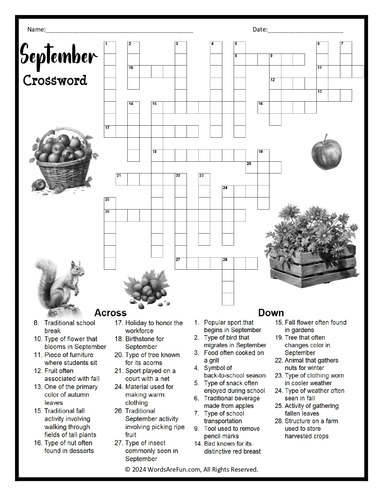 September Crossword Puzzle Printable Back To School amp Fall Activity Worksheet PDF