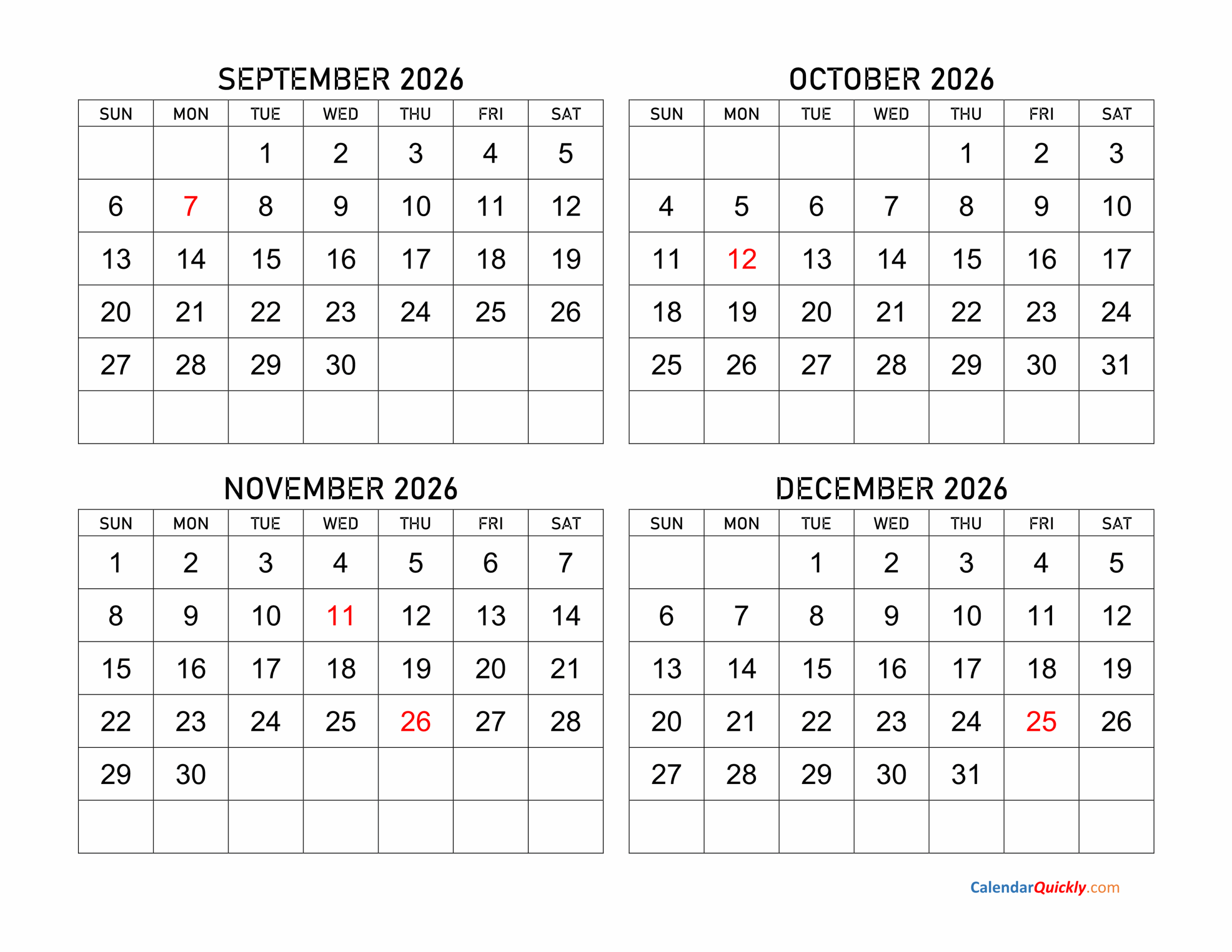 Printable Calendars October 2026 Thru December