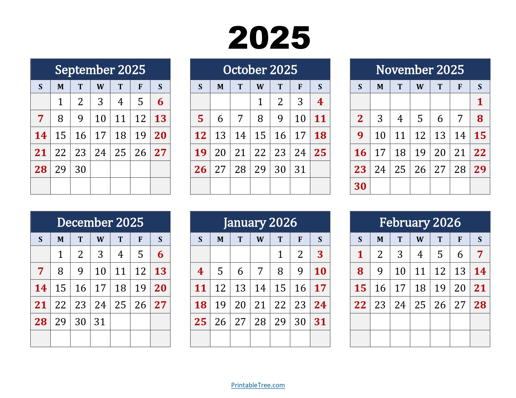 September To February 2026 Calendar Printable PDF Six Months 