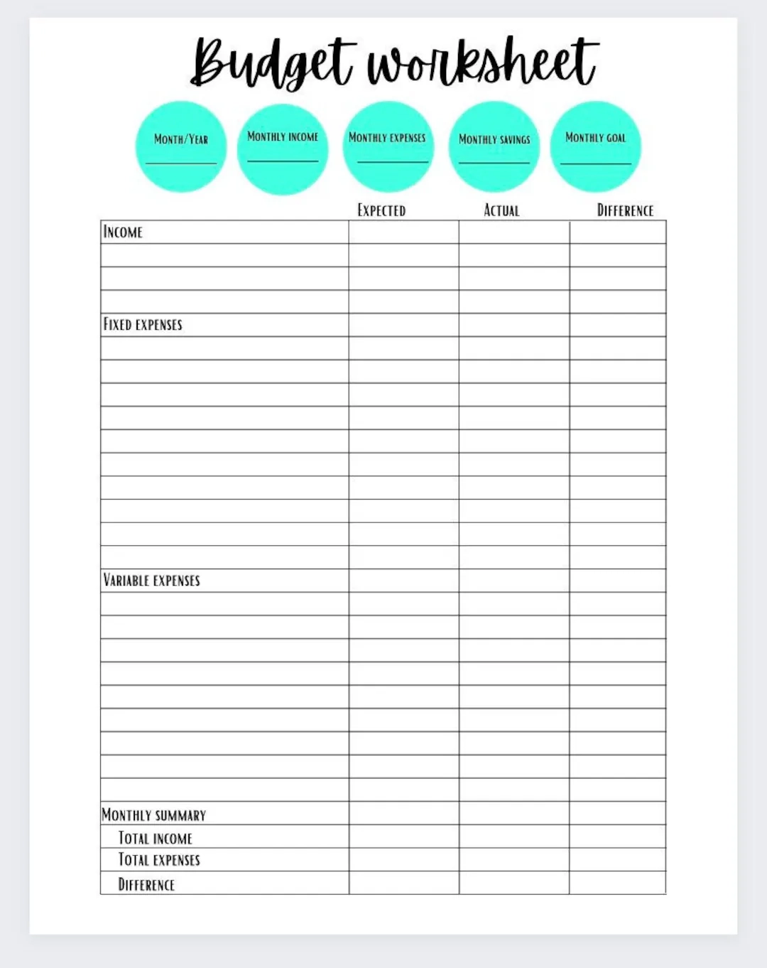 Budget Worksheets Printable Simple