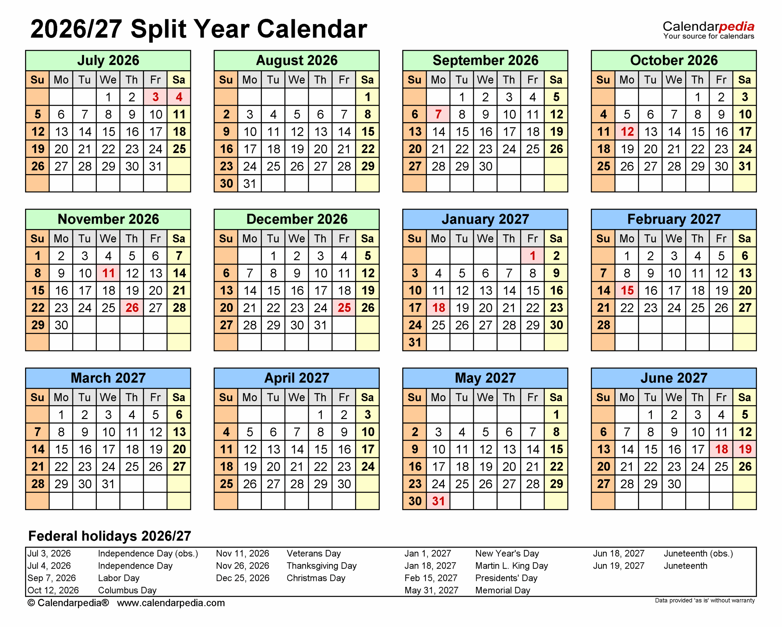 Blank Calendar August 2026 June 2027 Free Printable