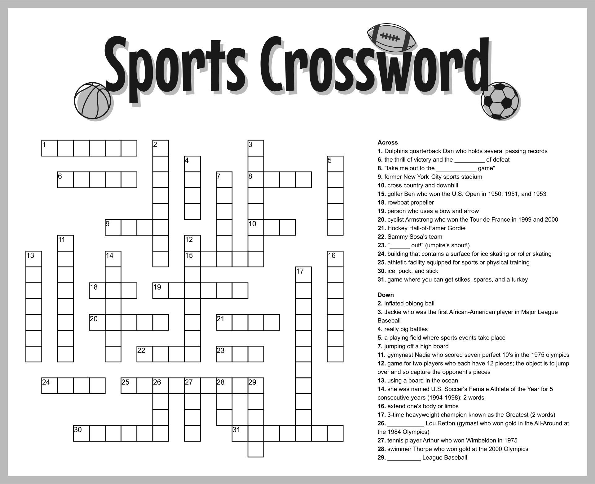 Printable Sports Crossword Puzzles