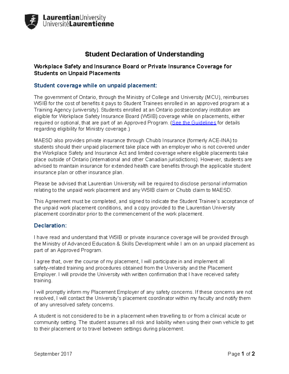 Student Declaration Of Understanding WSIB amp Insurance Coverage 
