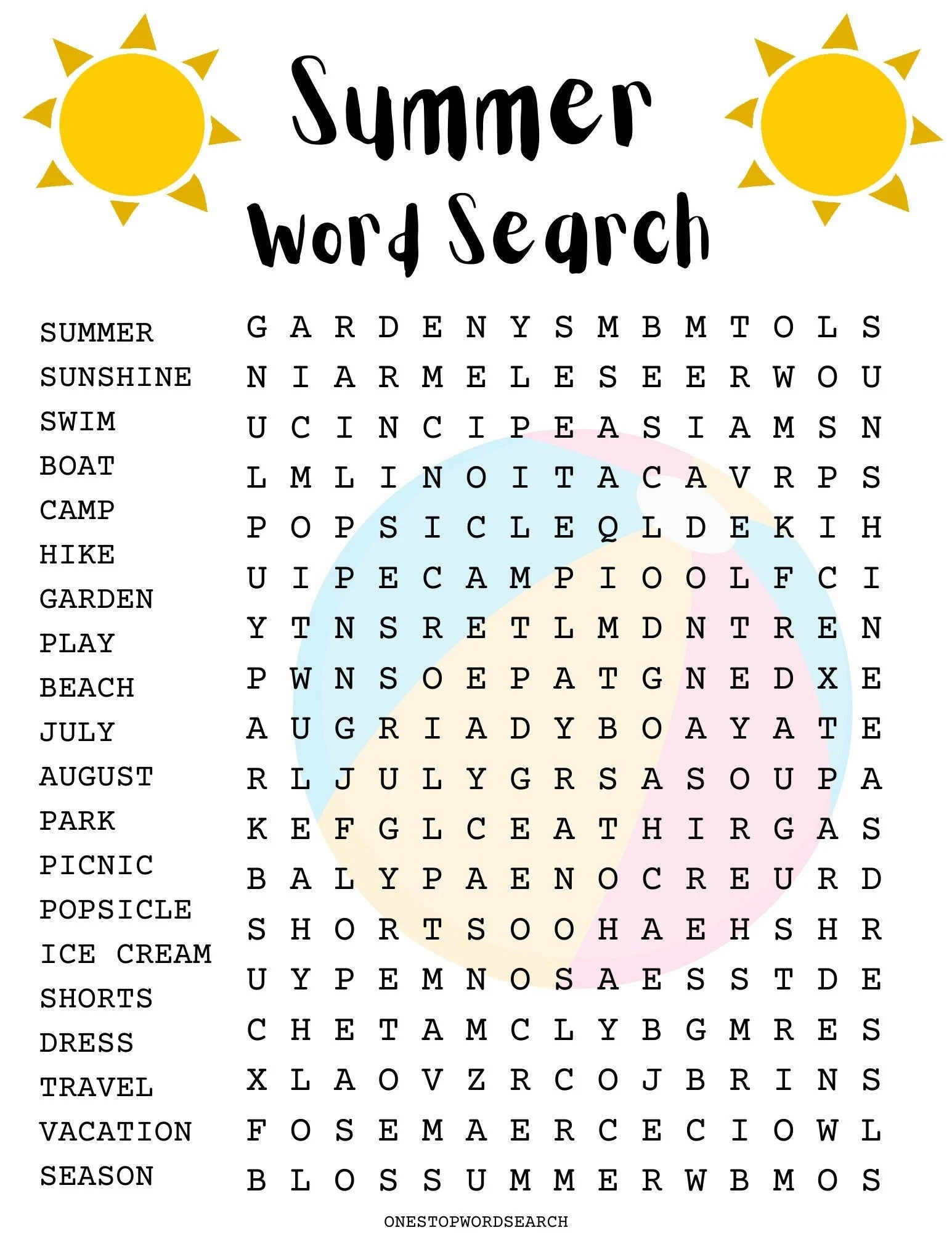 Summer Word Search Puzzle With Answer Sheet Seasonal Games 