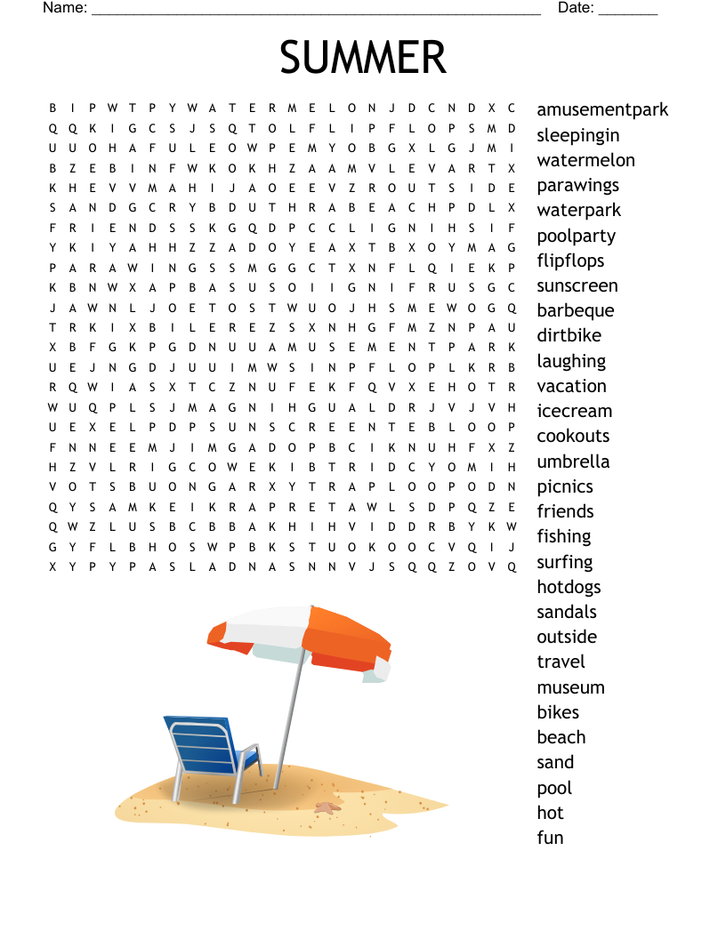 Summer Word Search Printable Puzzles