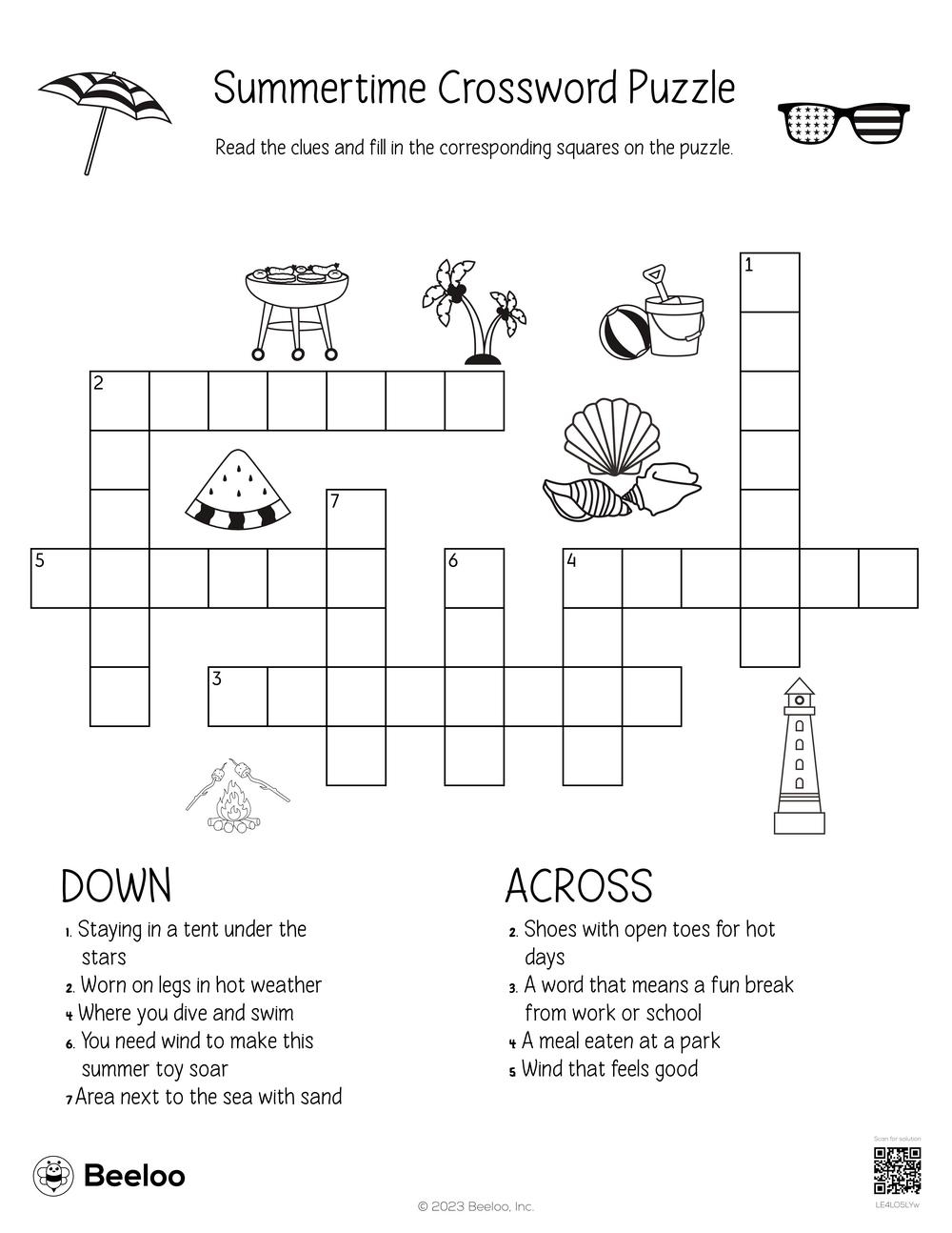 Printable Summer Crossword Puzzles For Kids