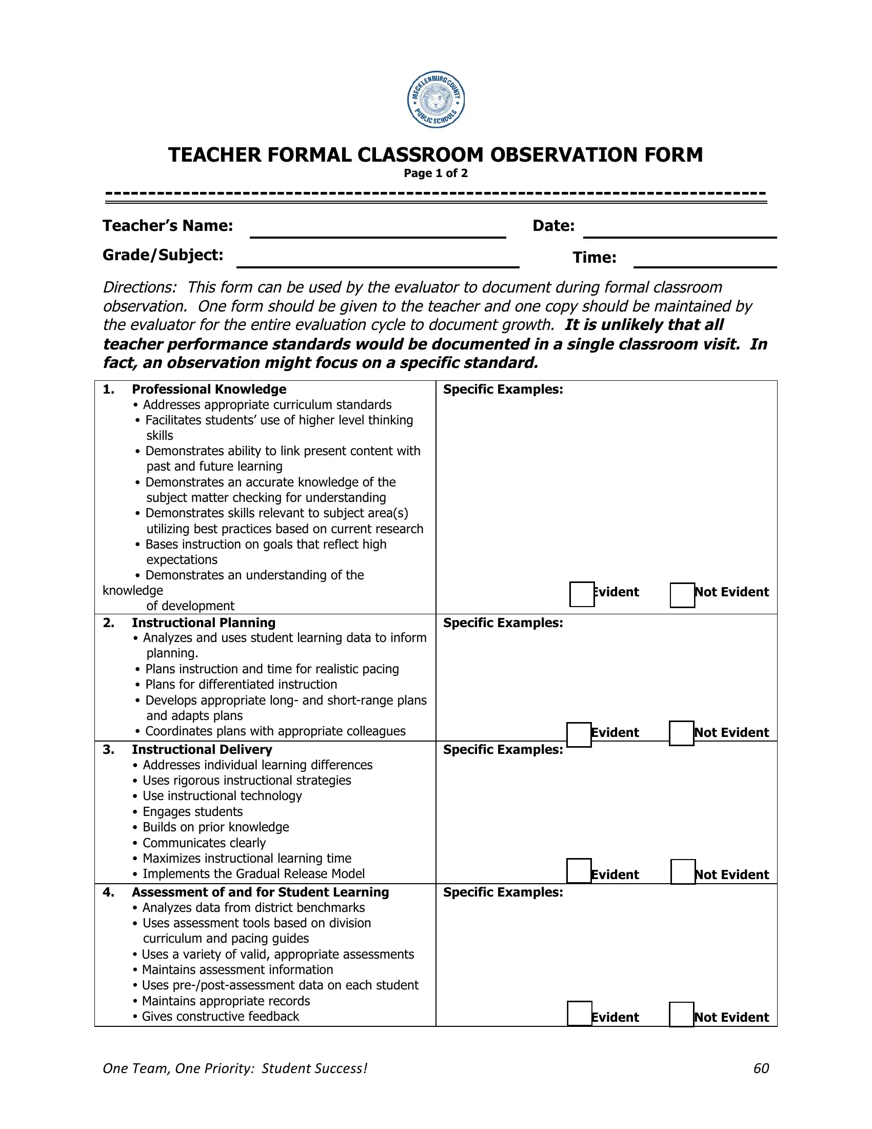 Printable Classroom Walkthrough Template