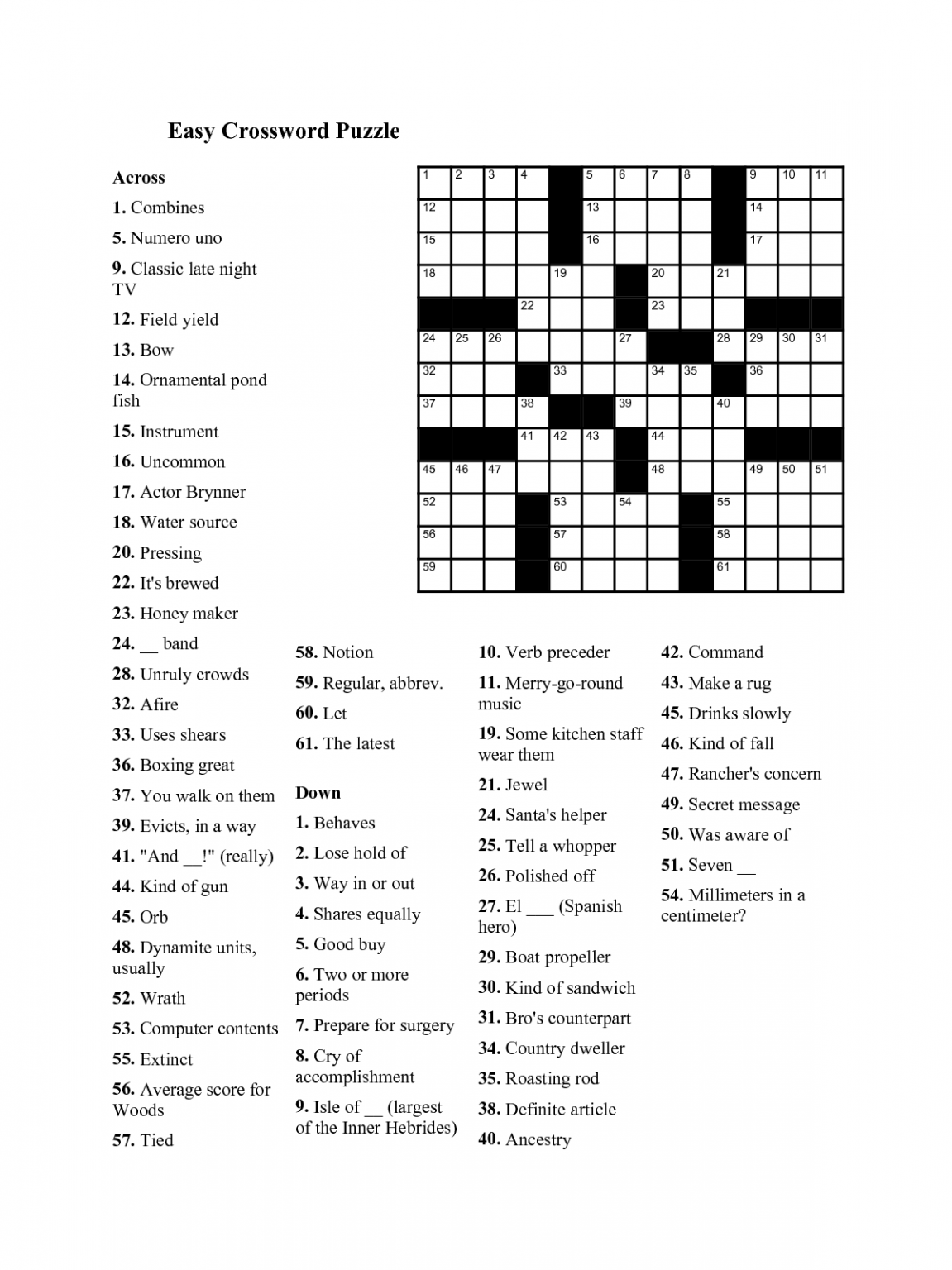 Printable Crossword Puzzles Seniors