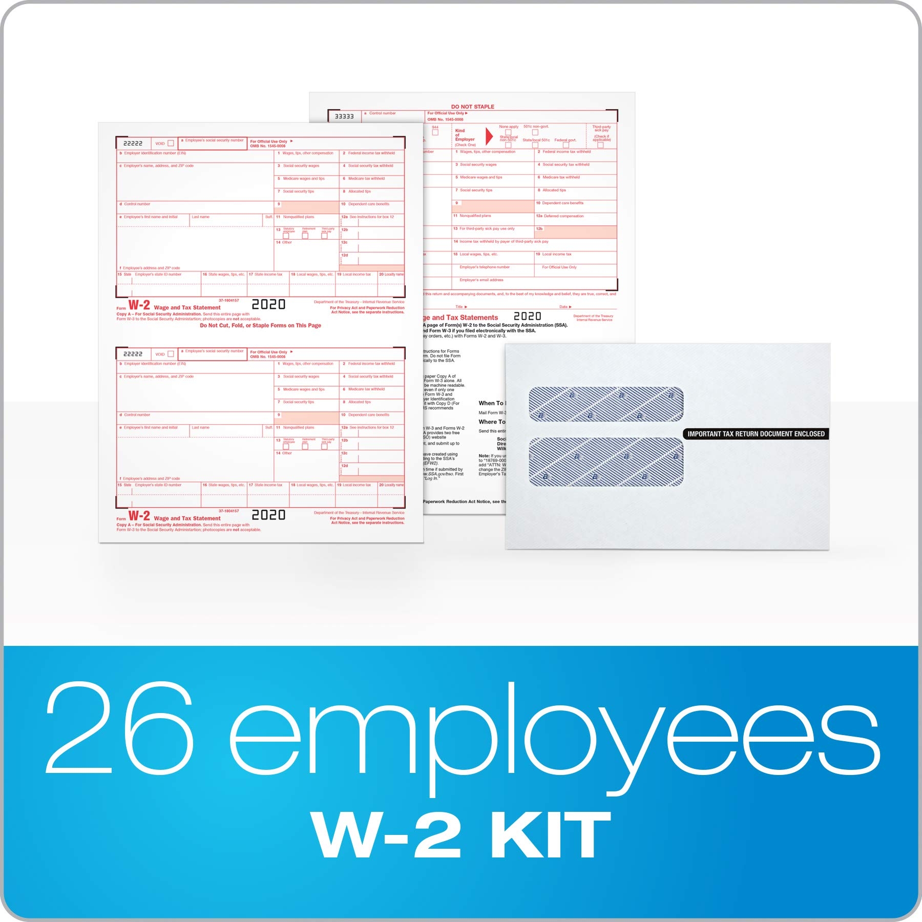 TOPS W2 Forms 2020 Tax Form Set For 26 Employees 6 Piece W2 Tax Form Sets With Self Adhesive W2 Envelopes Includes 3 W3 Shapes TX22904KIT 20 