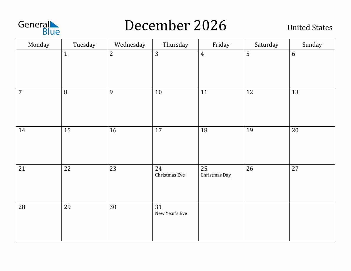 United States Monthly Calendar December 2026 Monday Start 