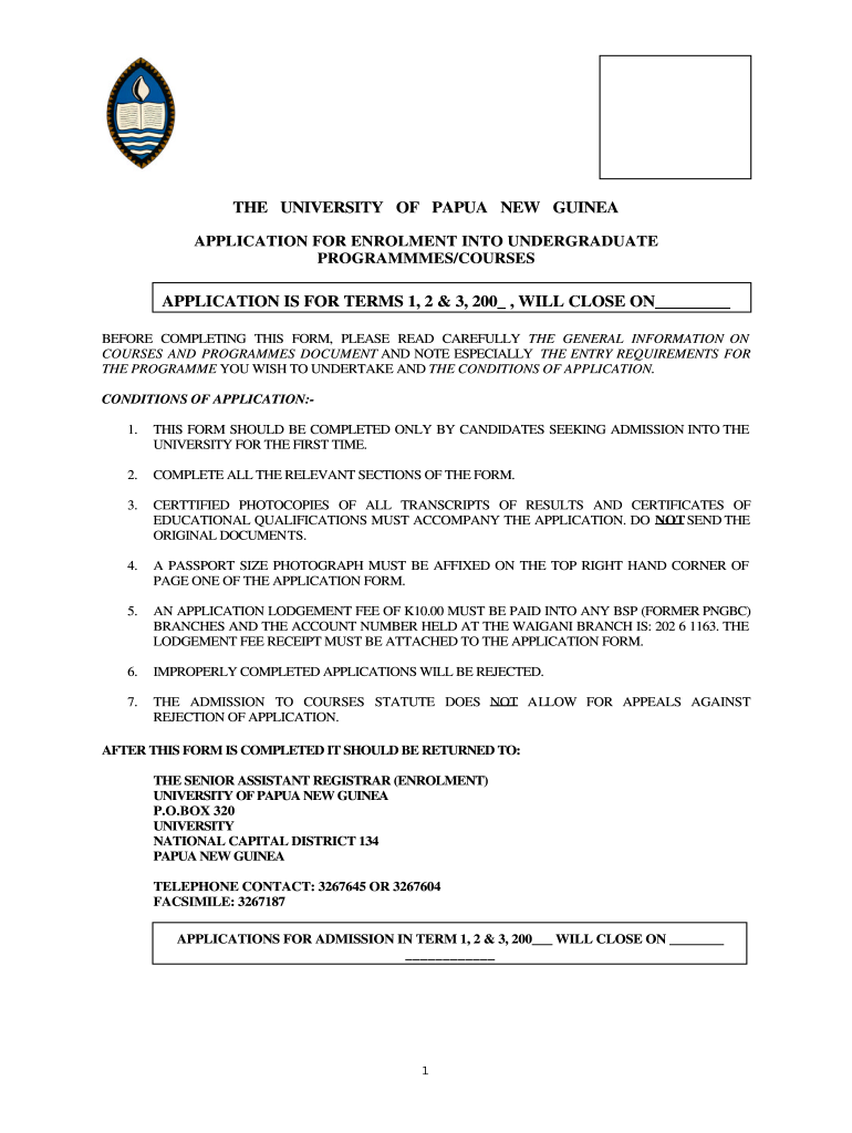 UPNG Application For Enrolment Into Undergraduate 