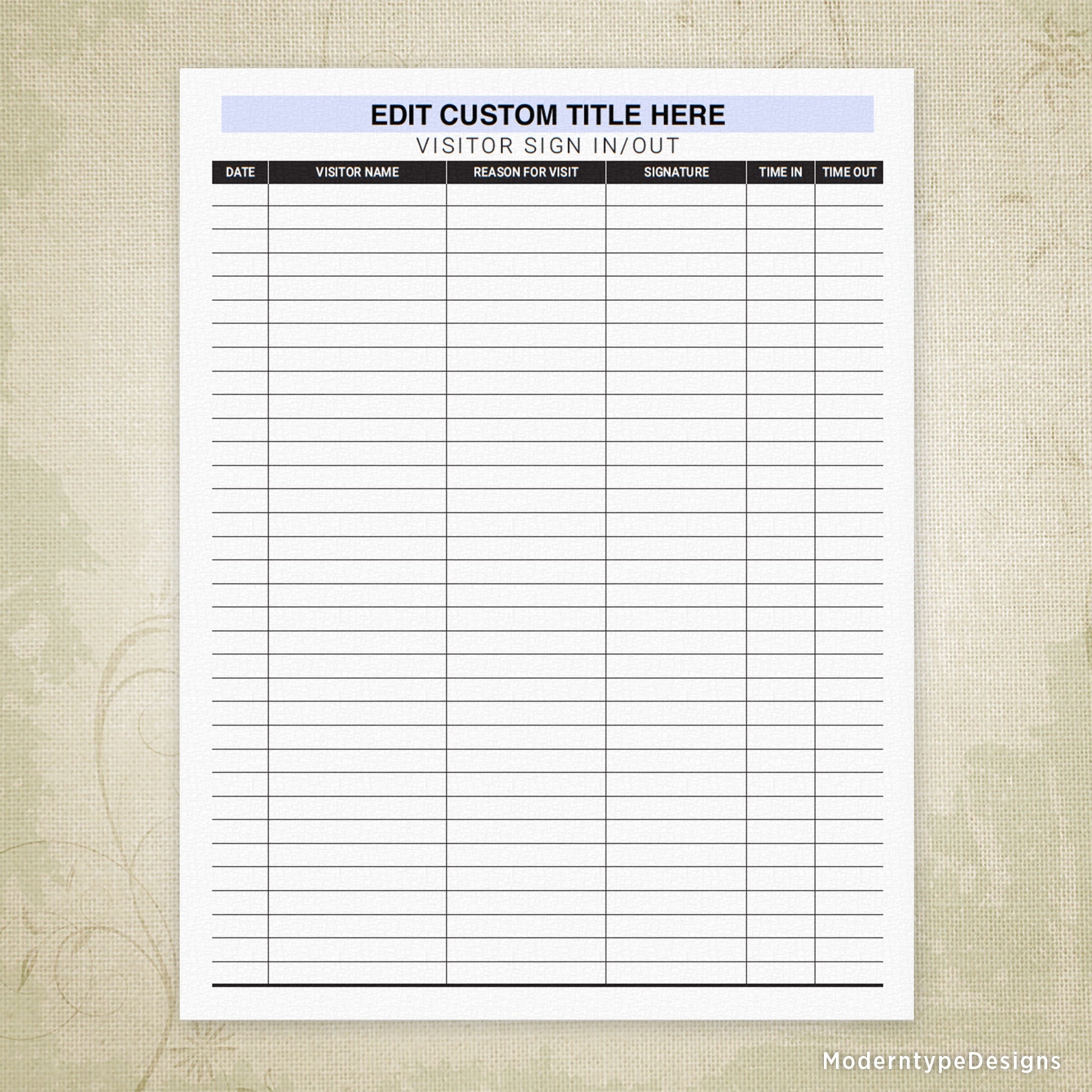 Visitor Sign In And Out Sheet Printable Form Personalized 