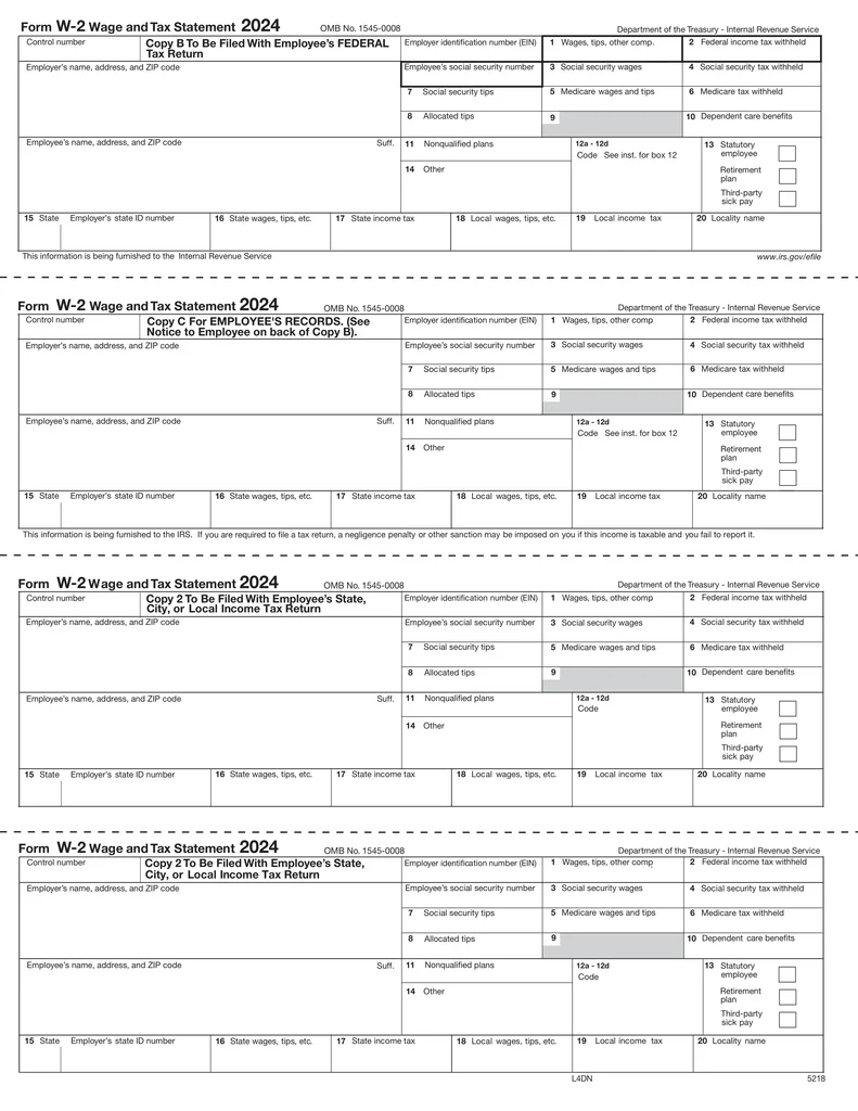 W 2 4 Up Horizontal Employee Copy B C 2 2 Or Extra Copy N Style 
