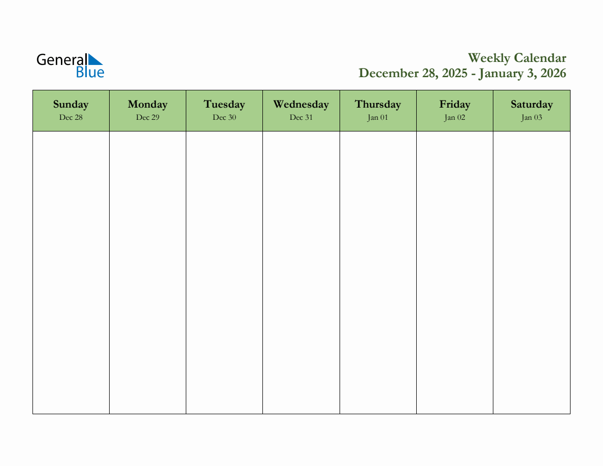 Printable Weekly Calendar December 2026