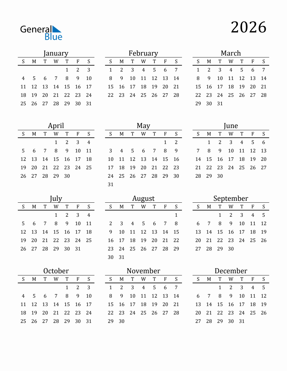 Year 2026 Free Printable 12 Month Calendar