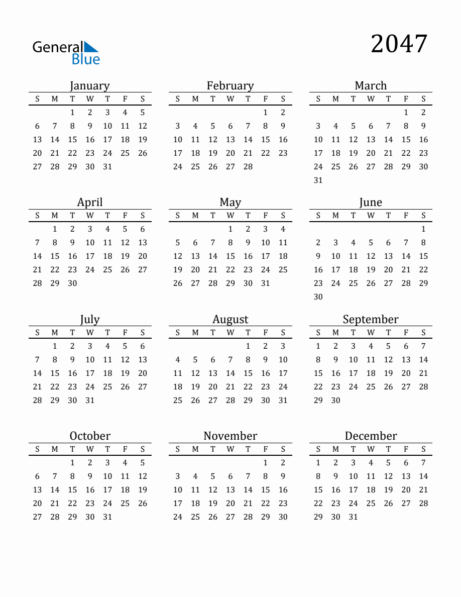 Year 2047 Free Printable 12 Month Calendar