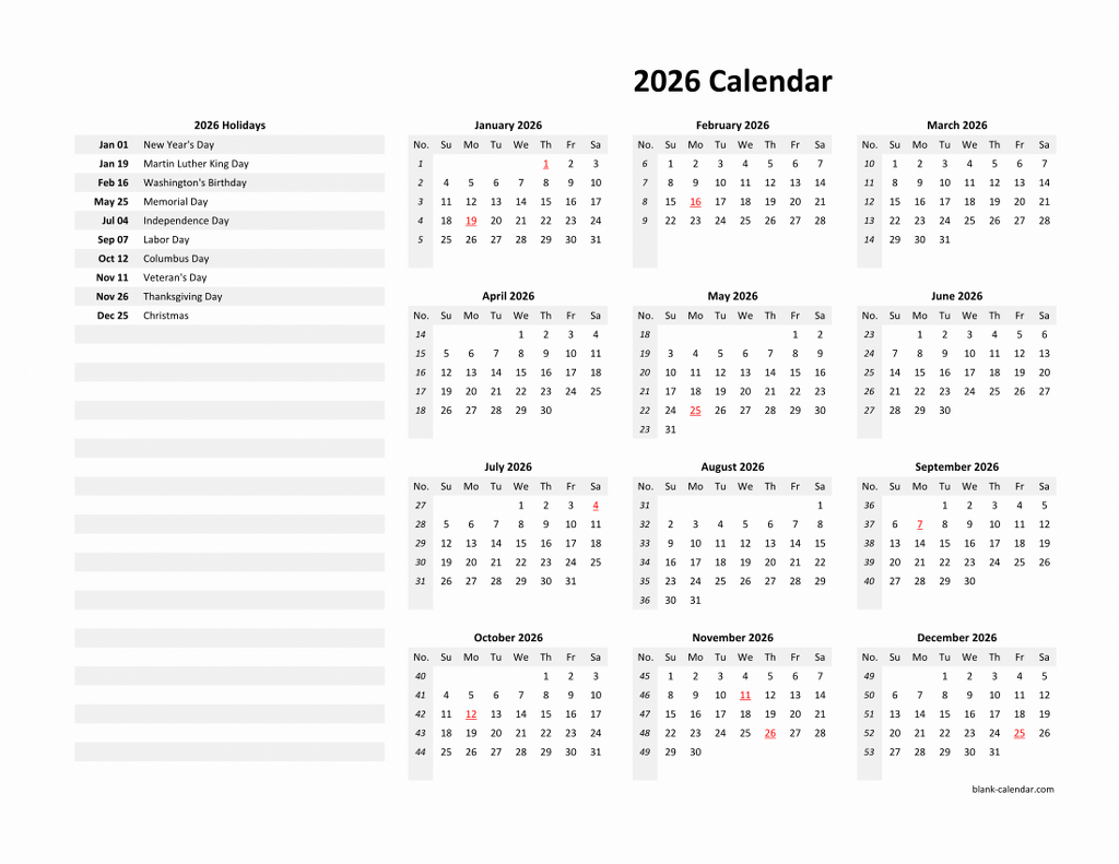 Printable Calendar 2026 With Us Holidays