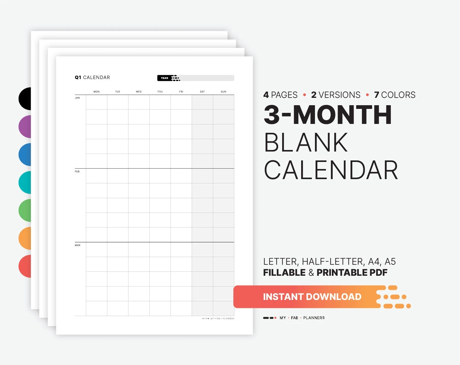 Blank Printable 3 Month Calendar