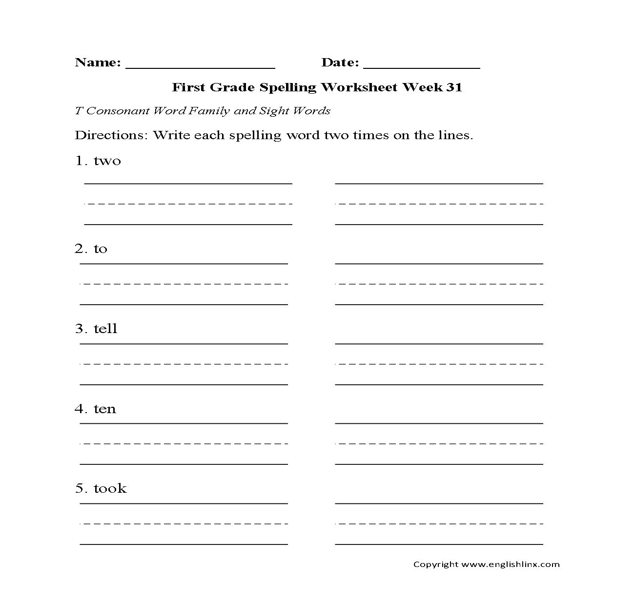 Printable Spelling Worksheets 1st Grade