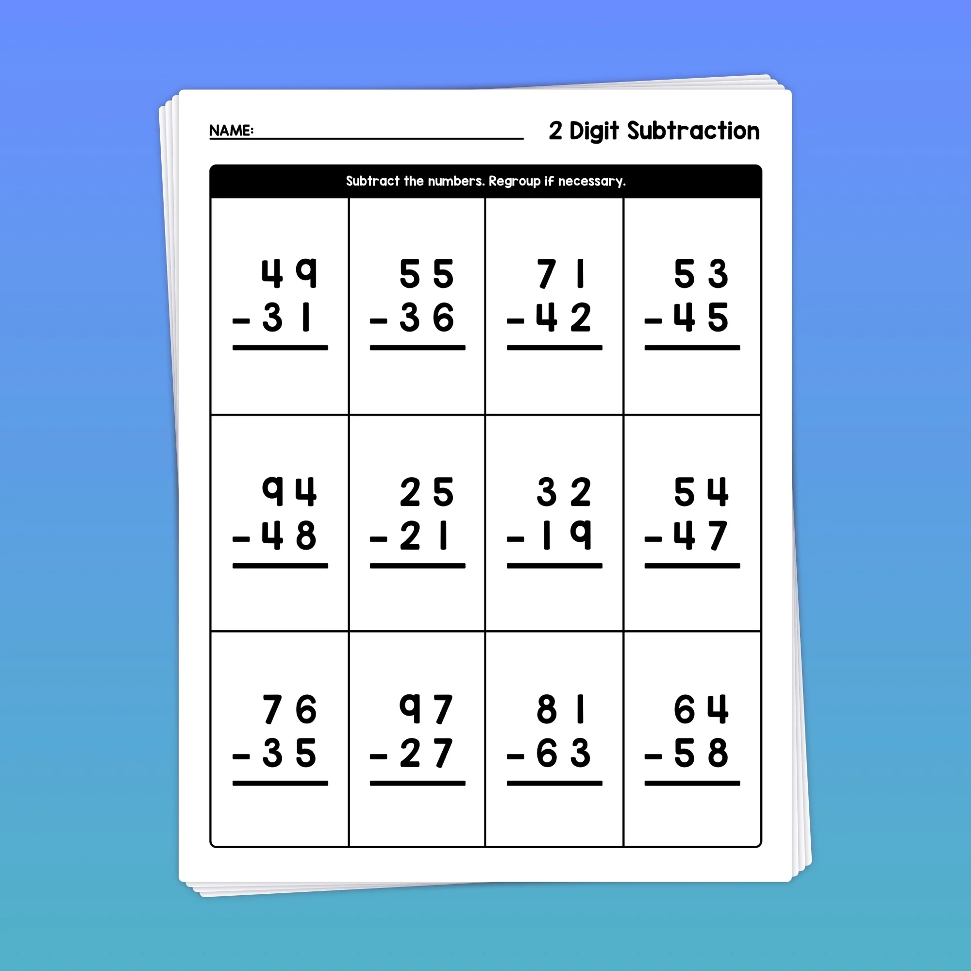 2 Digit Subtraction With Regrouping Worksheets Printable PDF 
