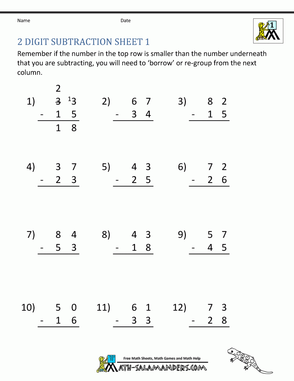 2 Digit Subtraction Worksheets