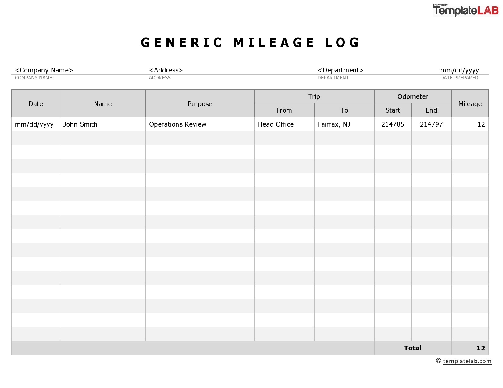 Printable Mileage Log Template