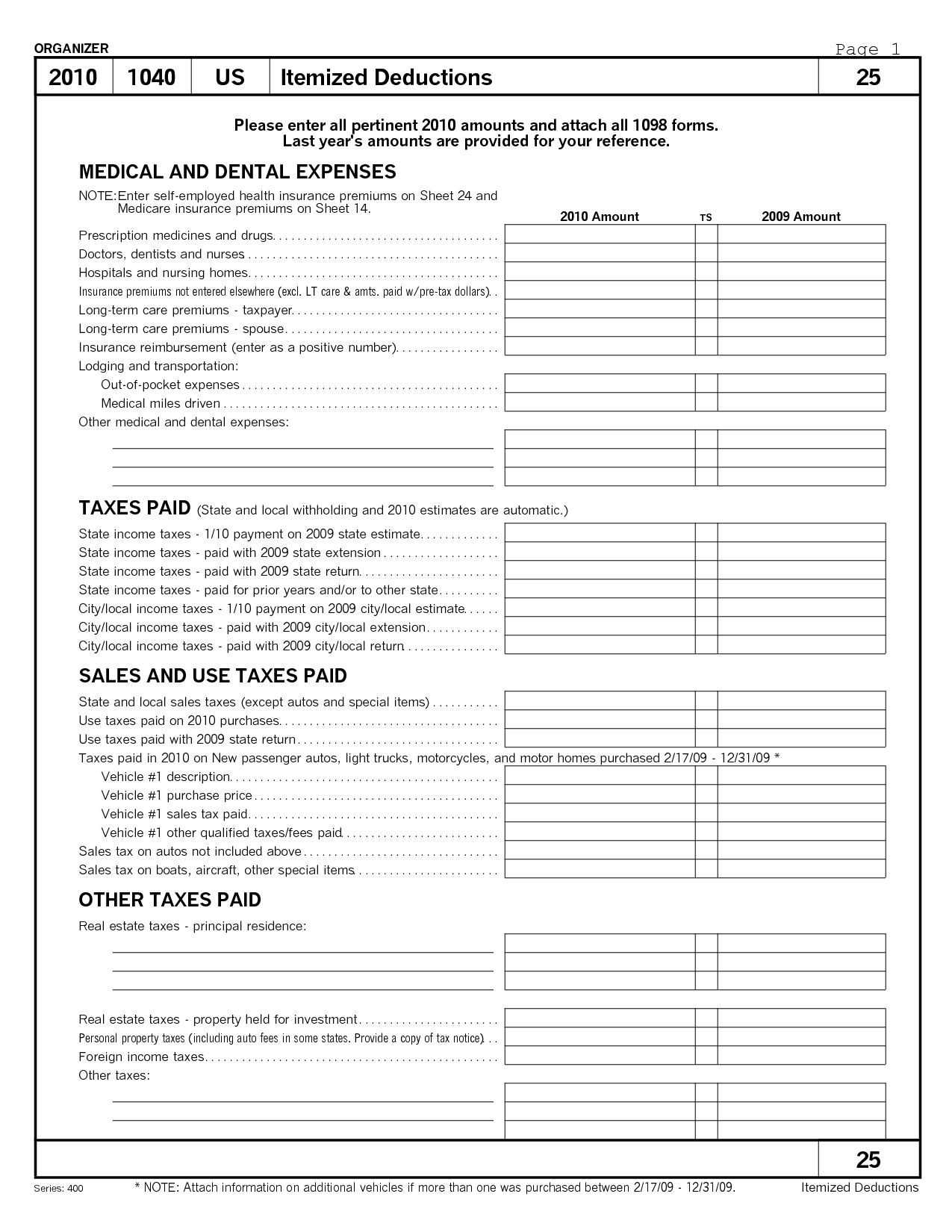 Printable Itemized Deduction Form