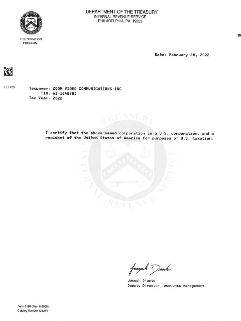 2023 US Tax Residency Certificate PDF