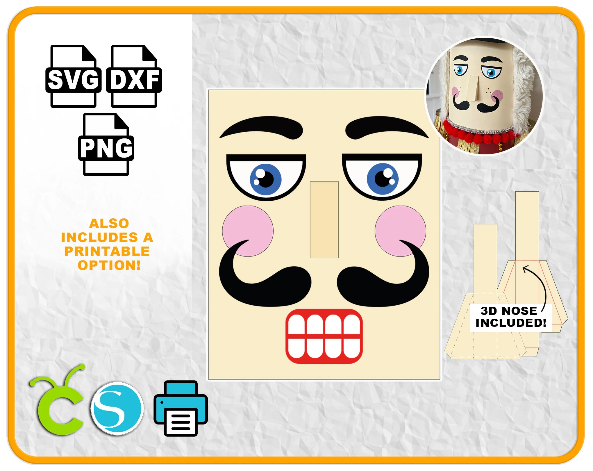 2D Nutcracker Face With 3D Nose SVG Nutcracker Face SVG Includes 