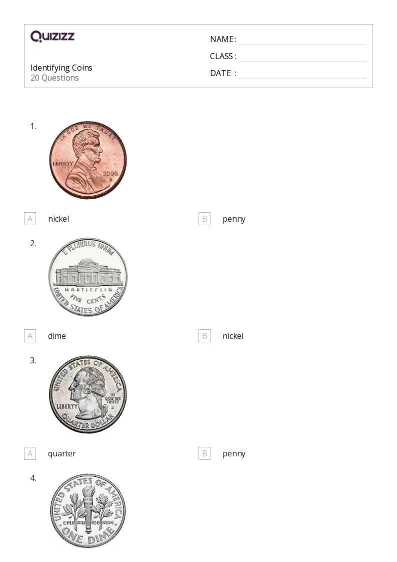 Free Printable Coin Identification Worksheets