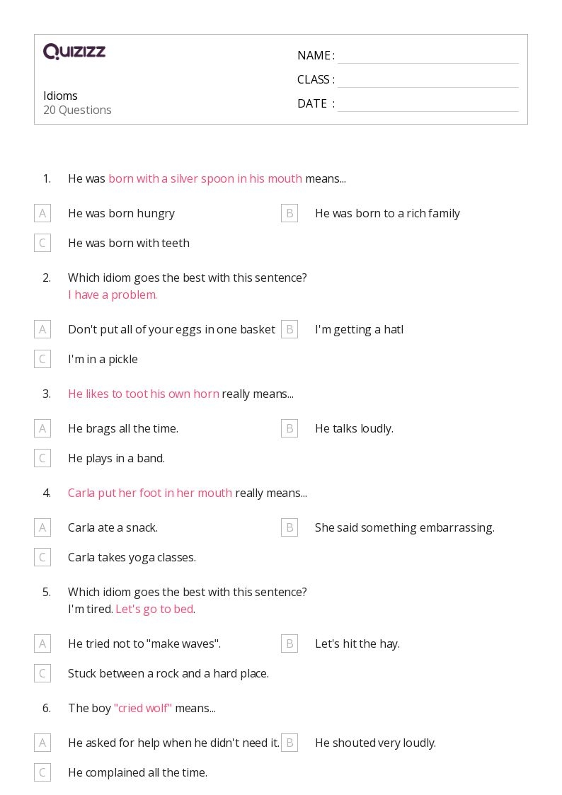 50 Idioms Worksheets On Quizizz Free amp Printable
