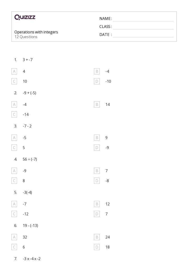 50 Operations With Integers Worksheets For 6th Class On Quizizz 