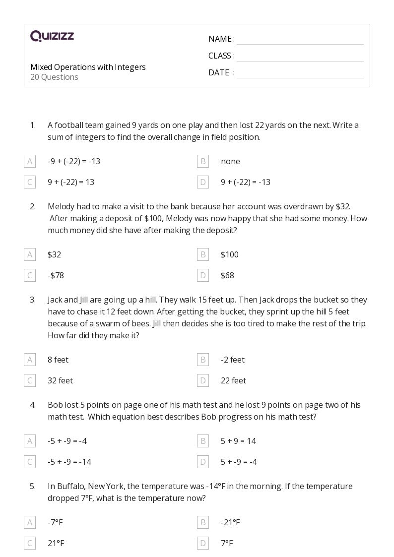 50 Operations With Integers Worksheets For 6th Grade On Quizizz 