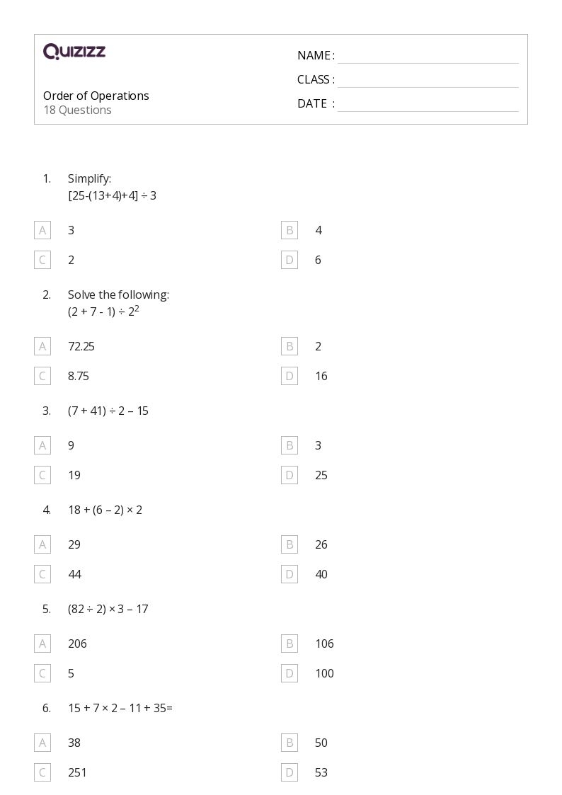 50 Order Of Operations Worksheets For 7th Grade On Quizizz Free 