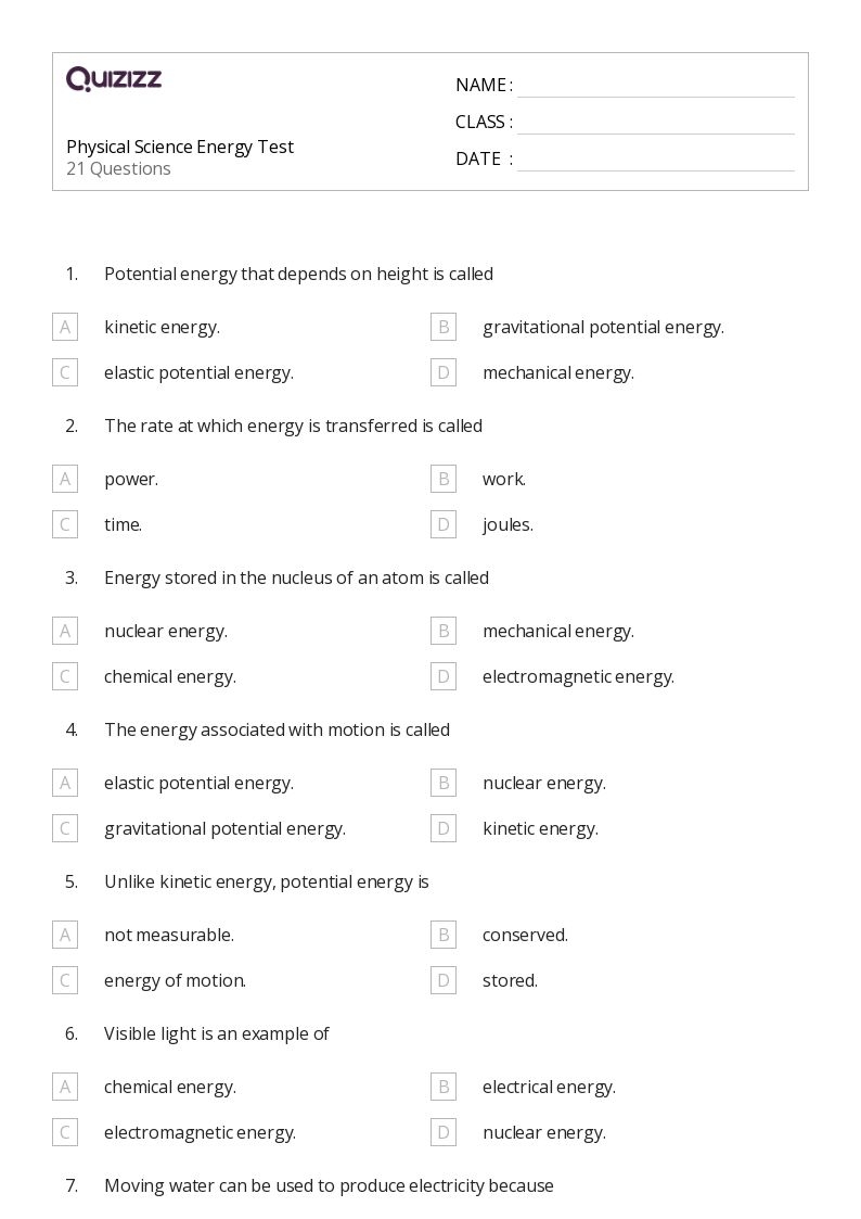 50 Physical Science Worksheets For 8th Class On Quizizz Free 