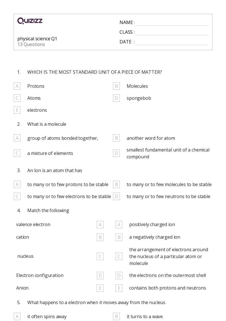 50 Physical Science Worksheets For 8th Class On Quizizz Free 