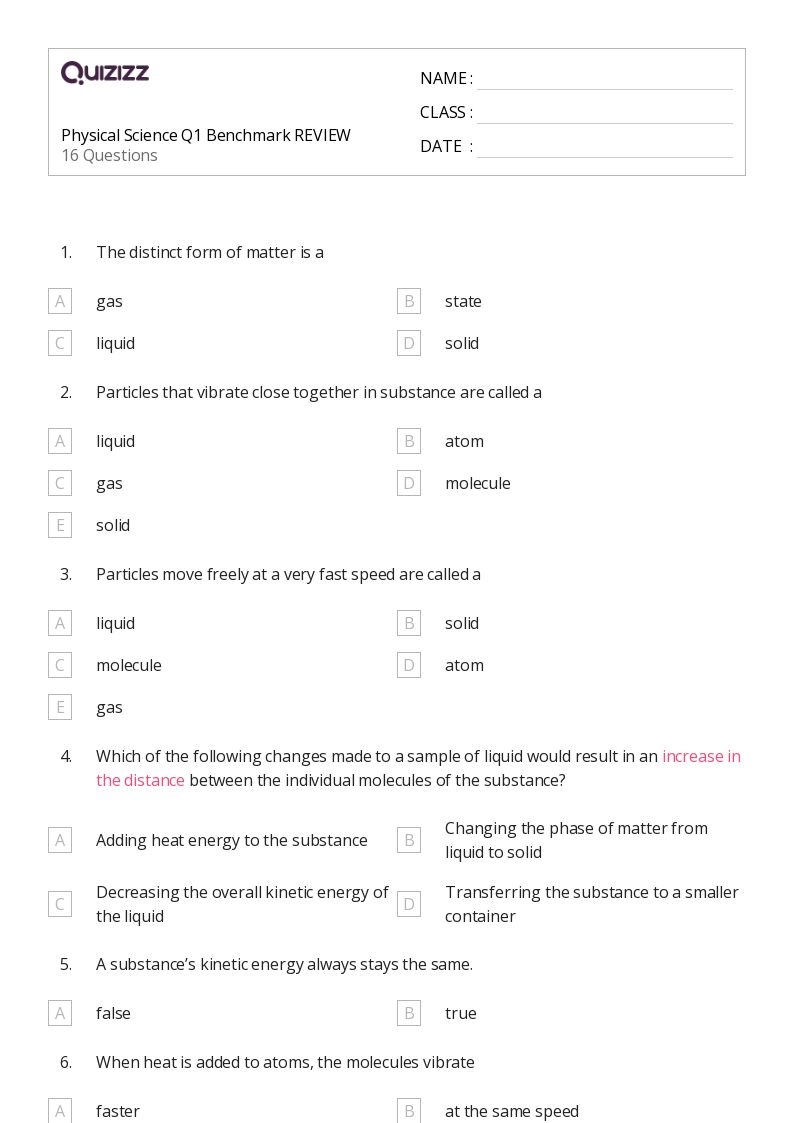 50 Physical Science Worksheets For 8th Grade On Quizizz Free 