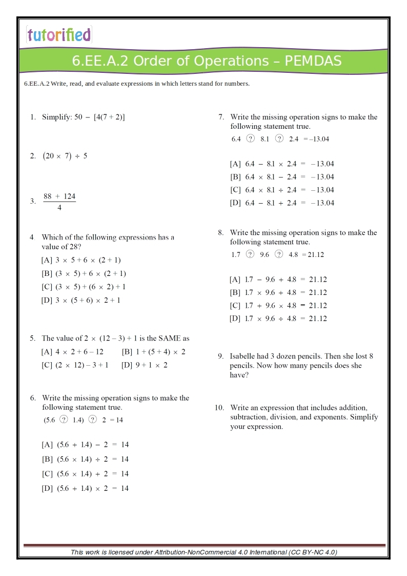 6th Grade Math Worksheets Printable Integers