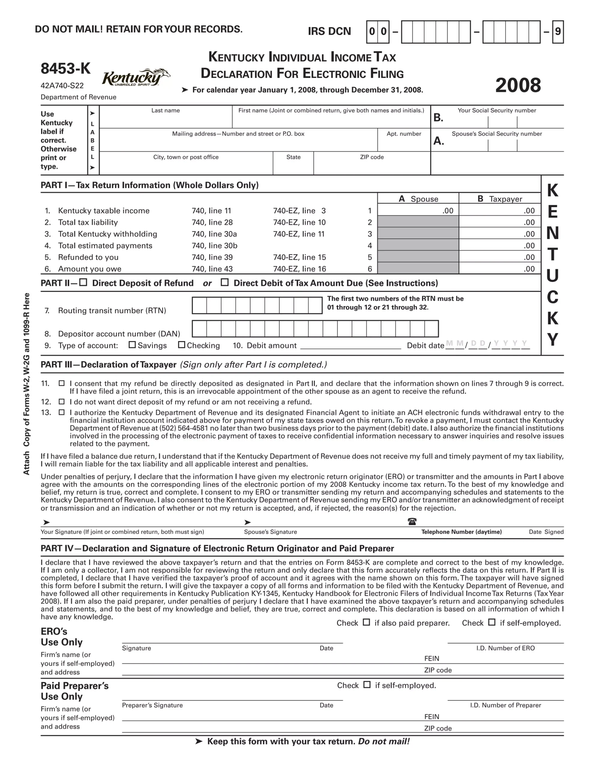8453 K Kentucky Individual Income Tax Declaration For Electronic 