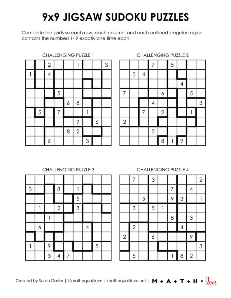 9x9 Jigsaw Sudoku Puzzles Math Love