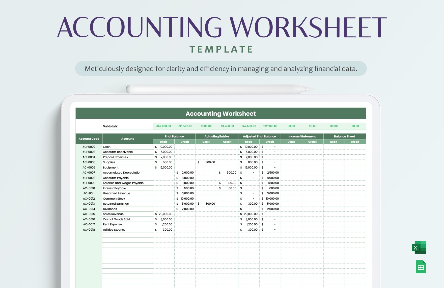 Accounting Worksheet Template In Excel Google Sheets Download 